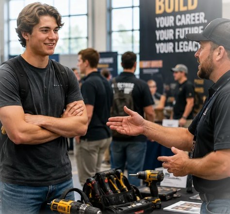 A tradesperson talking with students at a career fair exhibitor space